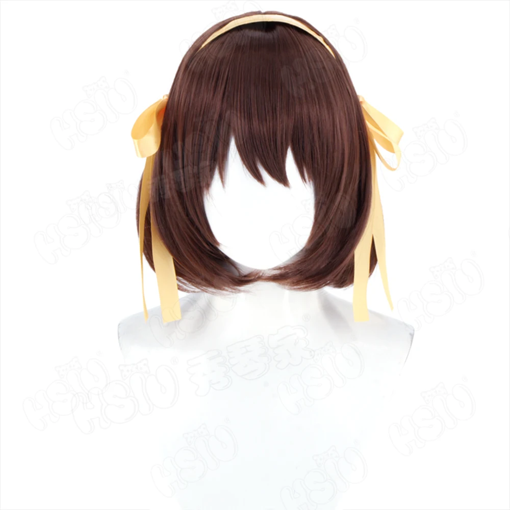 أنيمي Haruhi Suzumiya شعر مستعار تأثيري 35 سنتيمتر البني الداكن الشعر القصير شعر مستعار اصطناعي + غطاء شعر مستعار حفلة الهالوين شعر مستعار