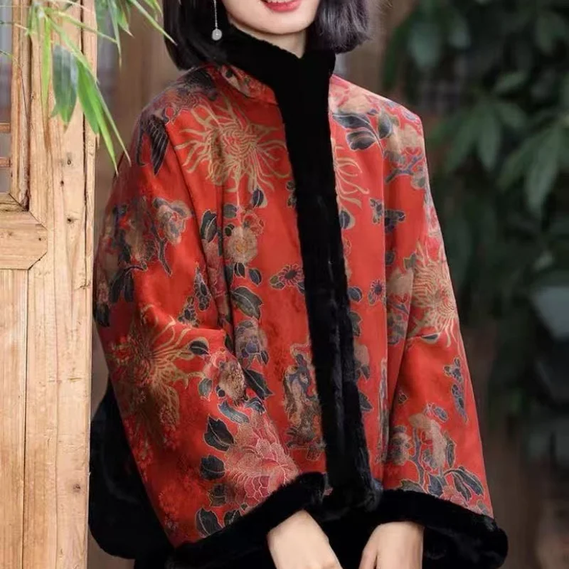 

Chinese Style Retro Floral Print Jacket Women Autumn Winter Loose Thicken Womens Outwear Casual Long Sleeve Cotton Coat