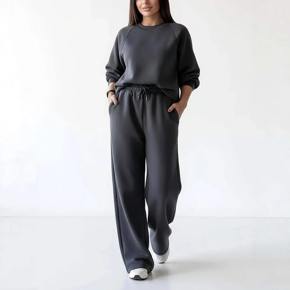 

2026 Autumn Winter New Round Neck Long Sleeve Elastic Waist Trousers Two Piece Set Women Sport Casual Commute