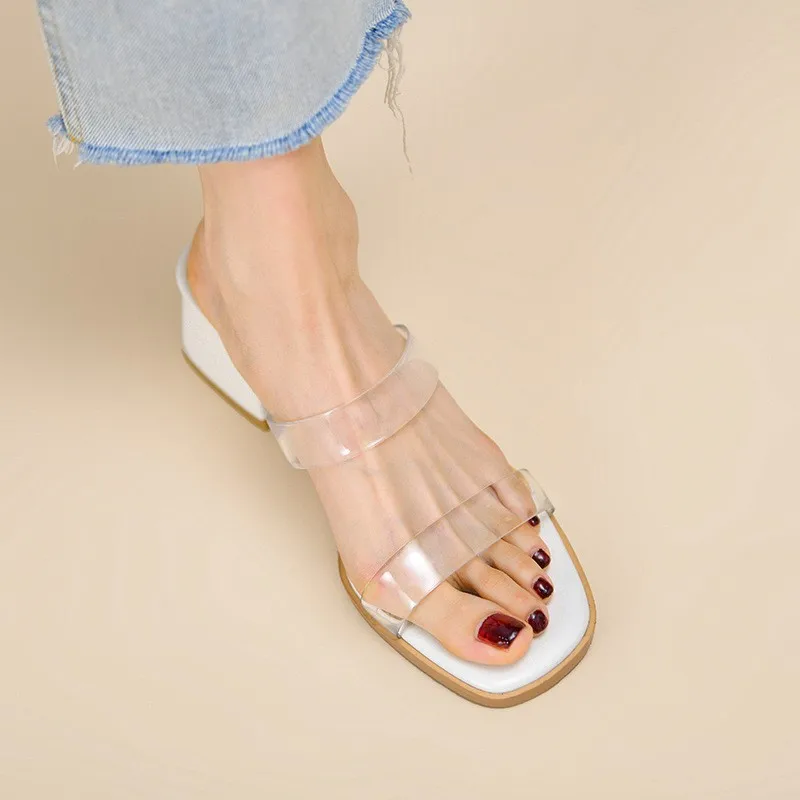 New Fashion Women Summer Transparent Thick Middle Heel Sandals Sexy Breathable Slippers Square Toe Female High Heels Shoes