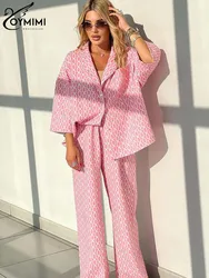 Oymimi Casual Roze Print Sets Dames 2-delige Mode Losse Driekwart Mouw Zakken Shirts En Rechte Broeken Dames Sets