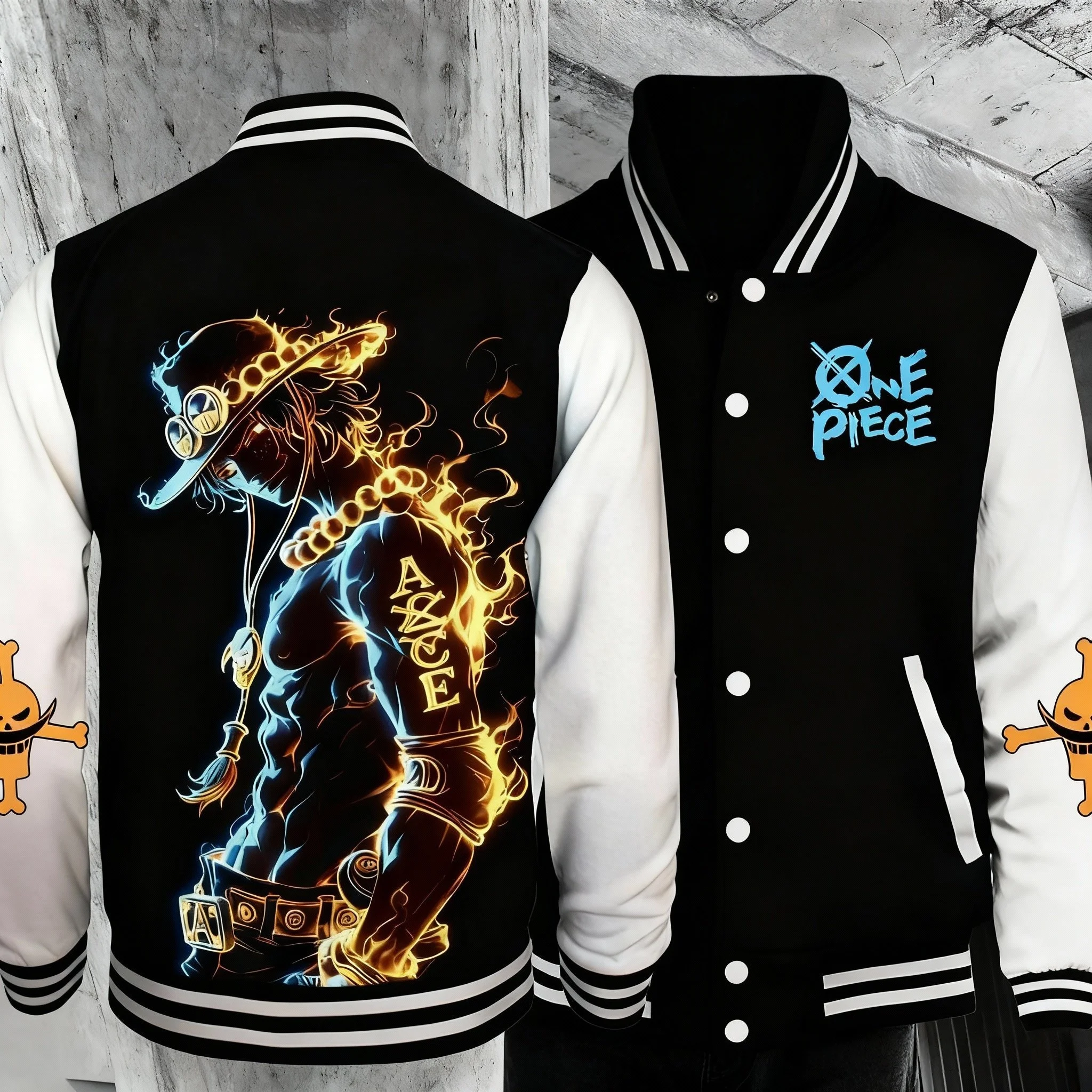 แจ็คเก็ตวาร์ซิตี้ลายตัวละครเอซจากวันพีซ พิมพ์ลายเปลวไฟด้านหลัง สีดำพื้นขาว แขนสีขาว โลโก้เล็กด้านหน้า สไตล์อนิเมะ