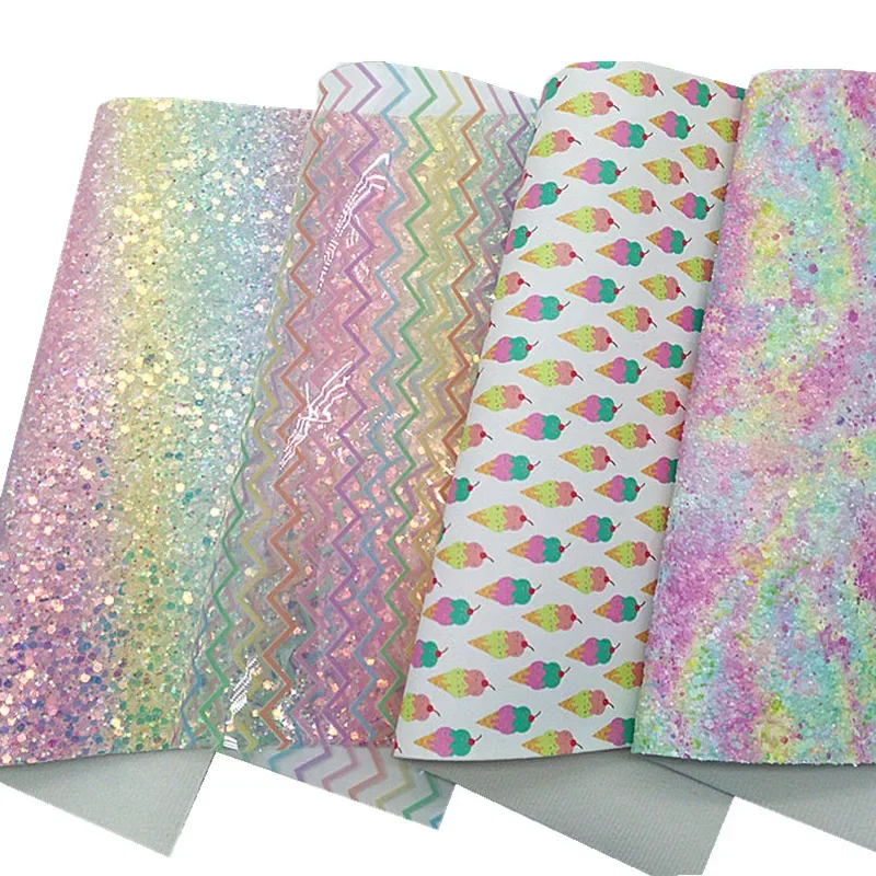 Pastel Rainbow Chunky Glitter Leather Sheet Arrows Transparent JELLY Sheets Icecream Printed Leather For Bows DIY 21x29CM Q862