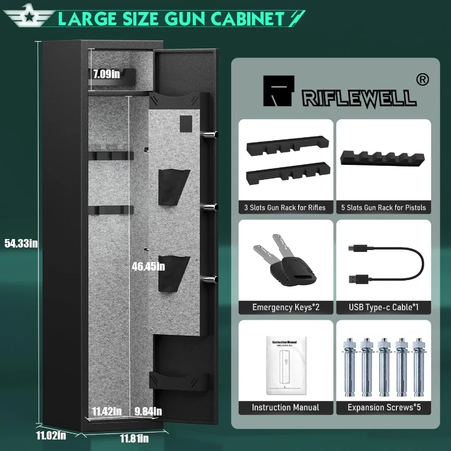 مسدس بصمة الإصبع البيومترية آمن لأمن المنزل: خزانة تخزين سريعة الوصول لـ 45 بندقية ومسدسات مع ضوء LED قابل للتعديل