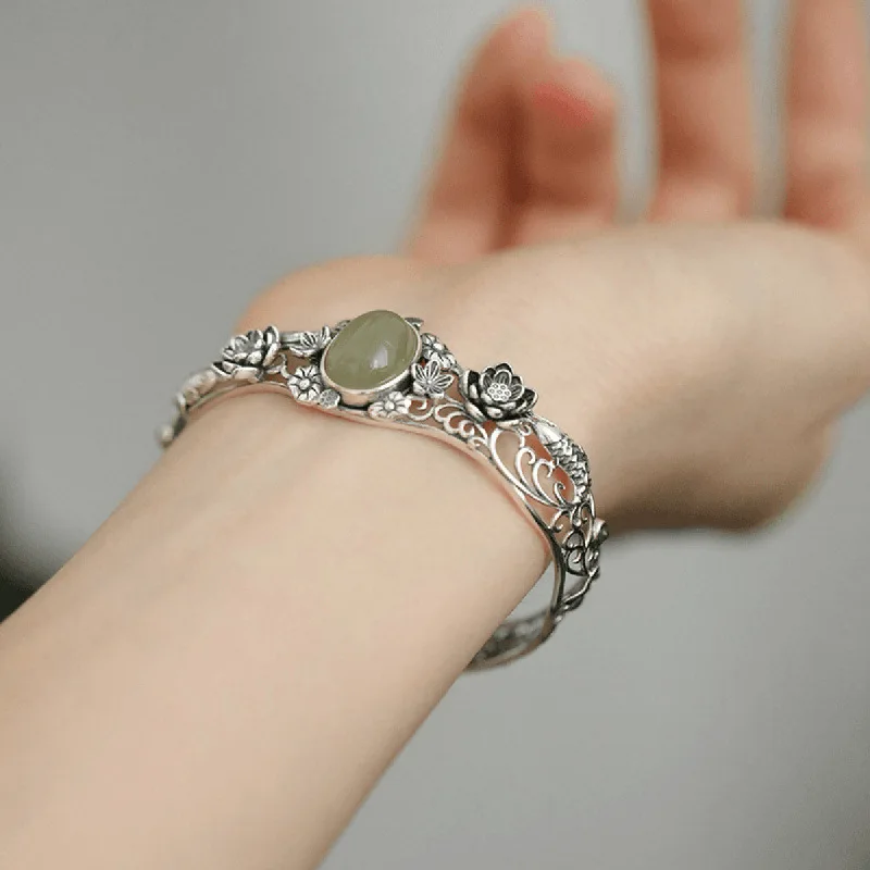 New Chinese Trendy Hetian Jade Lotus Bloom Solid Bangle Women's Fashion Luxury Handmade Jewelry Gift