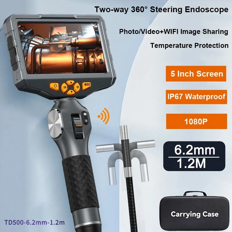 

TD500 5 Inch IPS Screen 6.2mm Lens Two Way 360° Steering Endoscope 1.2m Elastic Metal Hose Articulating Borescope with WIFI