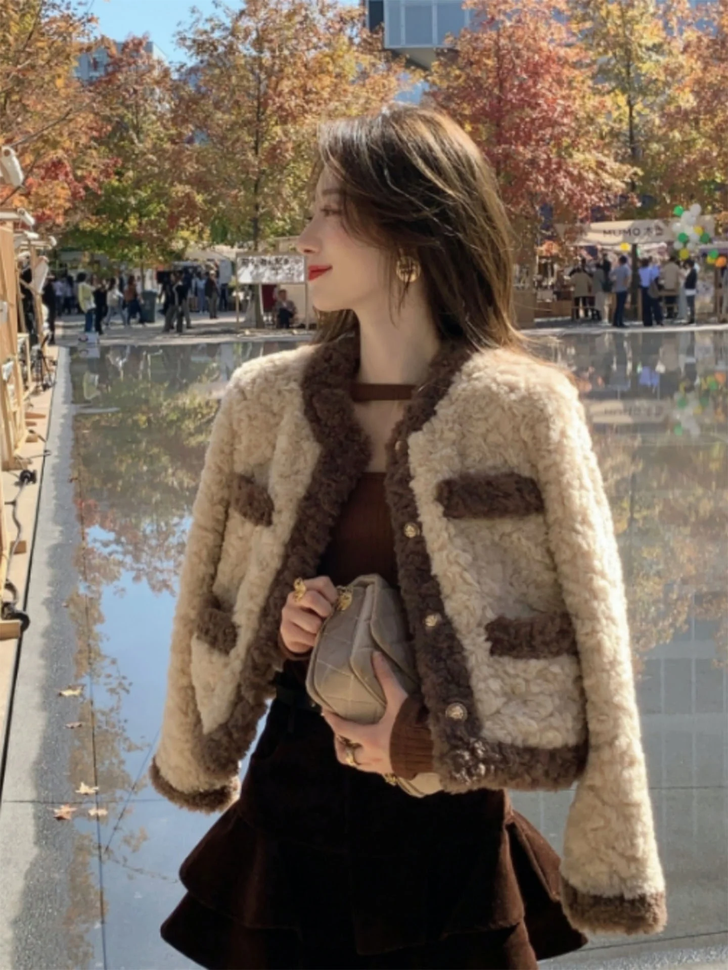 

Tweed Jacket Elegant Autumn Womens Workwear Hooded Campus Students Trendy Long Woven Pocket Slim-Fitting Casual Day Niche Gentle