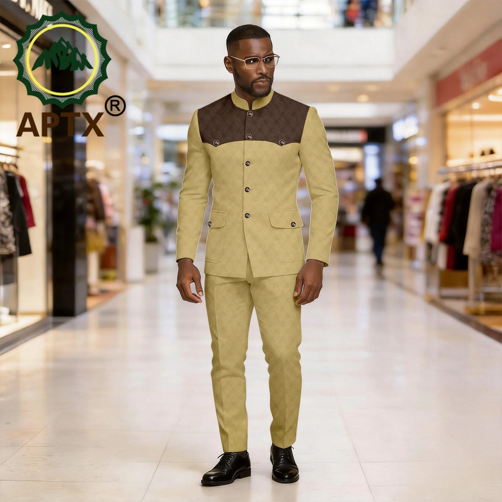 

African Style Patchwork Mandarin Collar Suit for Men 2PCS Jacquard Formal Business Wedding Party Outfit 2616061