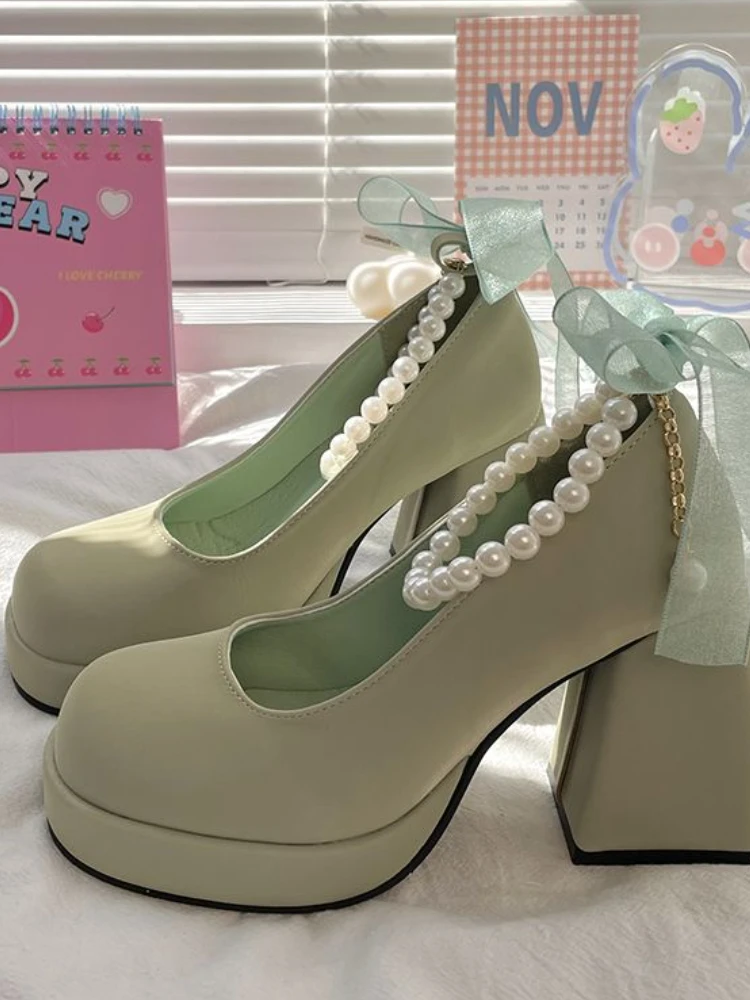 Sweet Bow Design Small Leather Shoes Women Pearl High Heels White French 2024 New Retro Platform Increase Mary Jane Shoes Lady