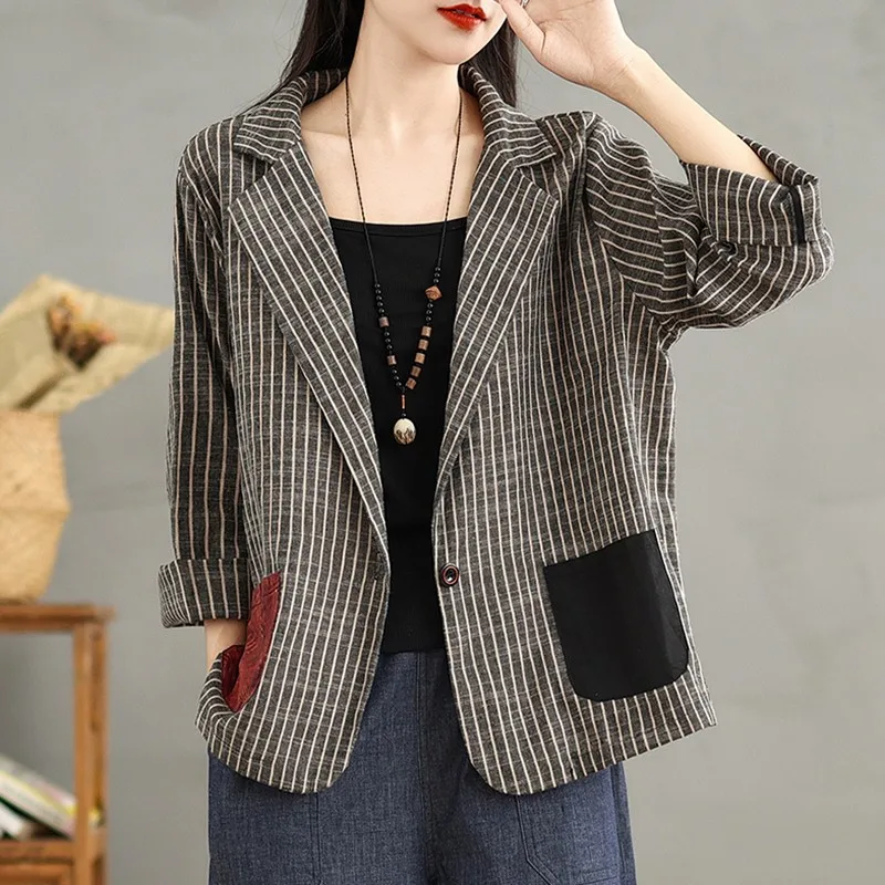 Women Casual Tailored Coats New Arrival 2024 Autumn Vintage Style Turn-down Collar Striped Loose Female Basics Jackets B2086