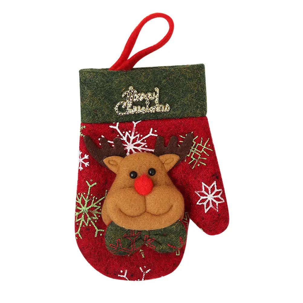 1Pcs Christmas Cutter Fork Bag Glove Shape Silverware Holder Reindeer Pattern Tableware Holder Party Decoration Gift Candy Bag
