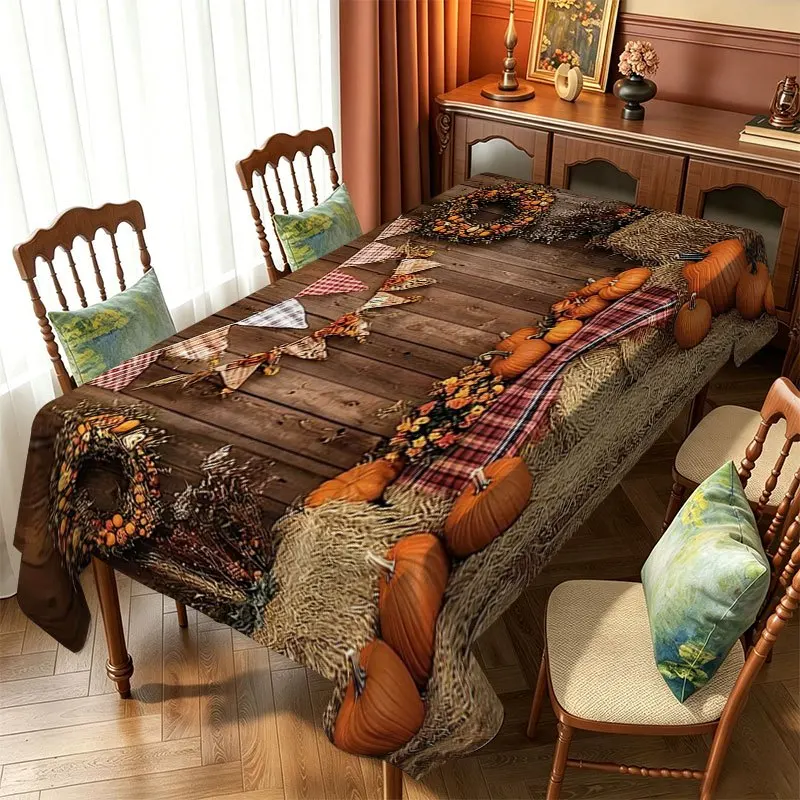 Autumn Pumpkin Maple Leaves Rectangle Table Cloth for Table Decoration Fall Thanksgiving Harvest Tablecloth Kitchen Party Decor