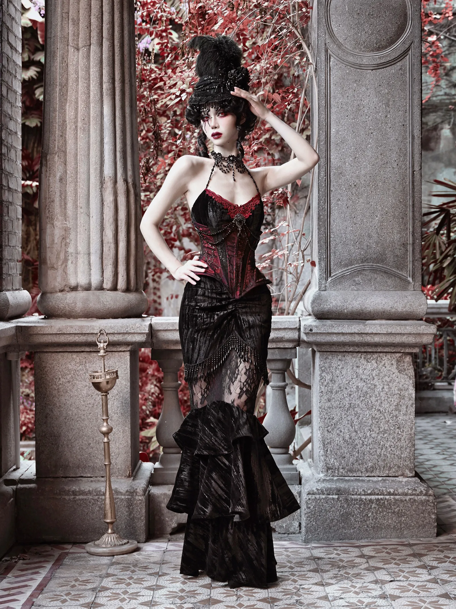 Gothic Heavy Industries Velvet Cobweb Fishbone Waist Suspender Autumn Women Vintage Heavy Velvet Beaded Waist Trainer Bustier