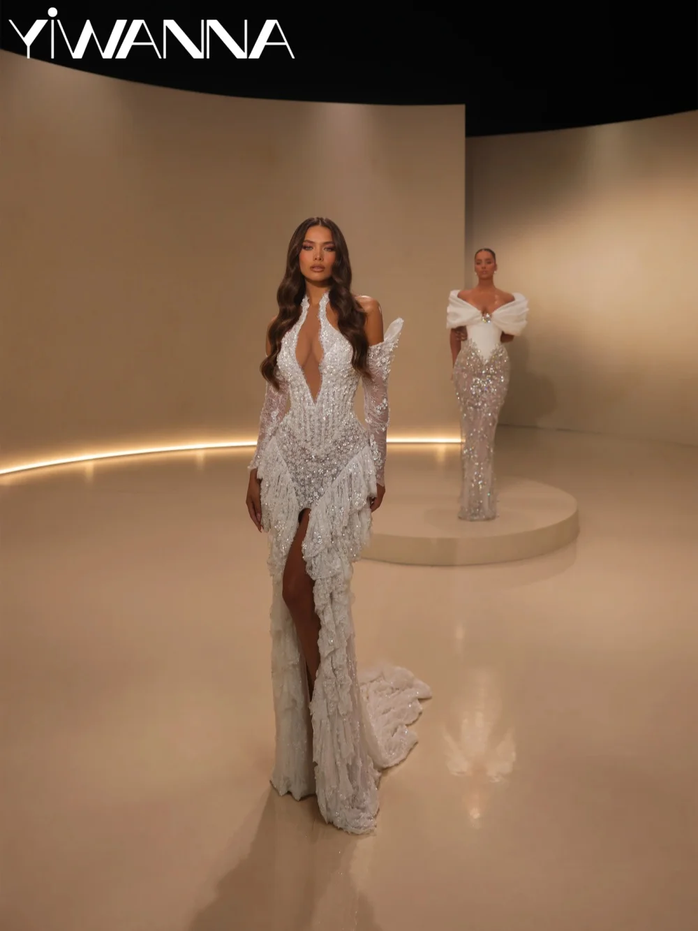 Tiered Lace Beaded Wedding Dress Sexy Halter High Slit Bridal Gown Customized Opulent Dreamy Off Shoulder Dresses For Bride