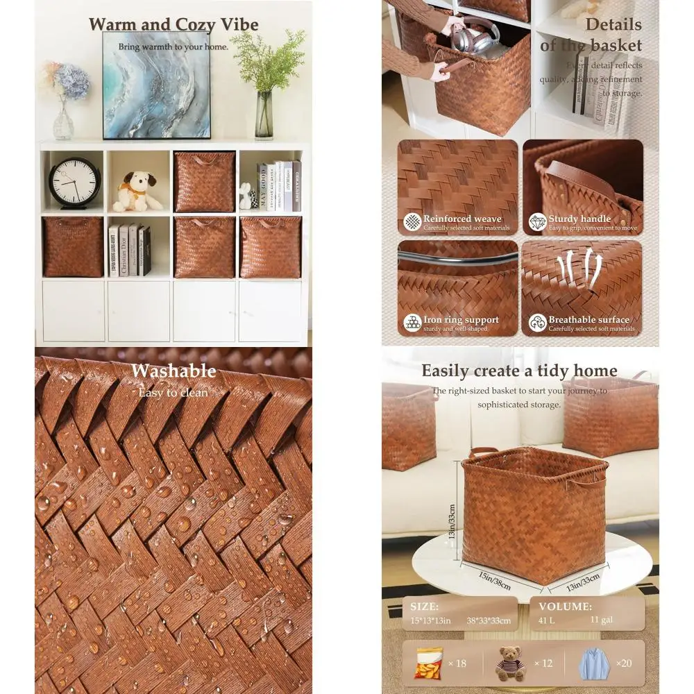 

Set of 4 Brown Woven Laundry Baskets for Storage, Ideal for Clothes, Blankets, and More