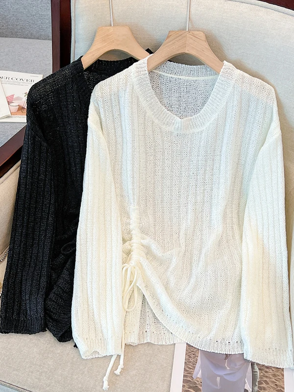 Long Sleeve Ice Silk Knitted Cover up Women's Thin Spring Summer Drawstring Casual Comfortable Soft Korean Style Top