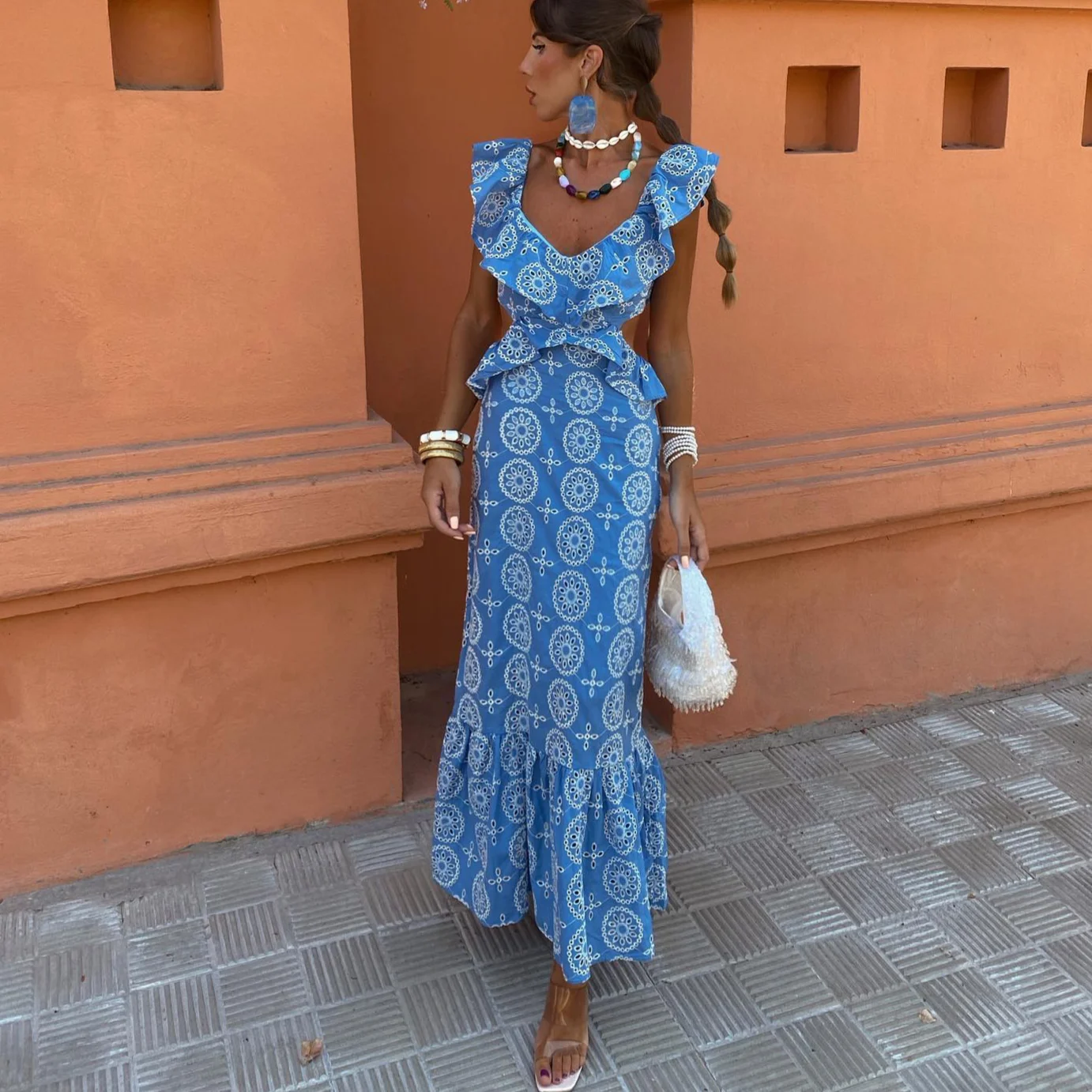 100% Bawełna Kwiatowy Haft Party Koronkowe Sukienki Dla Kobiet Seksowna Backless Ruffles Rękaw Vintage Letnia Sukienka Maxi Boho Vestidos