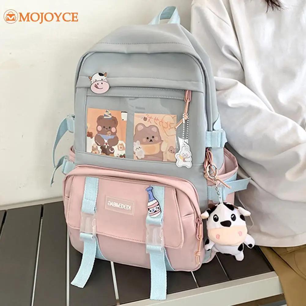 2023 New Harajuku Canvas Bookbag Japanese Contrast Color Teen Girls Backpack Preppy Style Student Aesthetic Mochila with Pendant