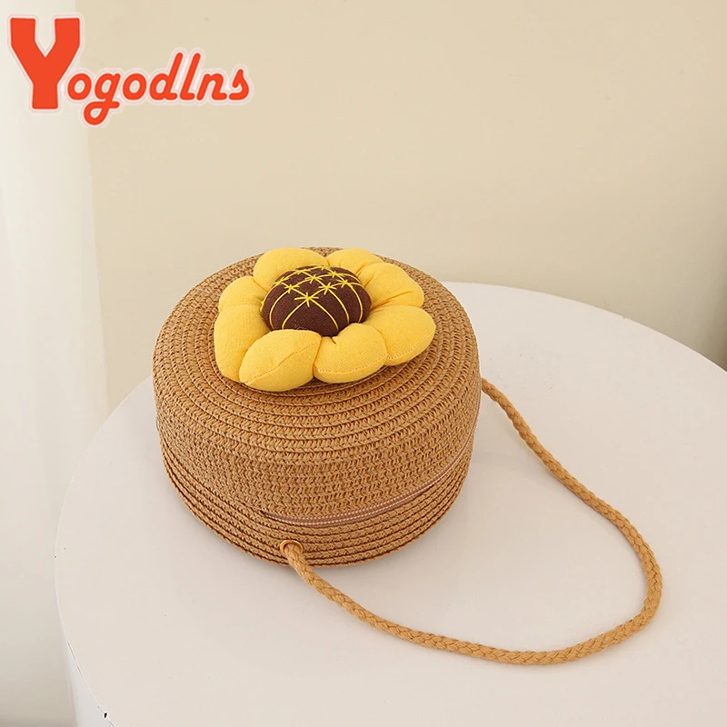 Round Sunflower Straw Bag Women Woven Crossbody Beach Bag Ladies Handmade Knitted Shoulder Bag Candy Color Handbag