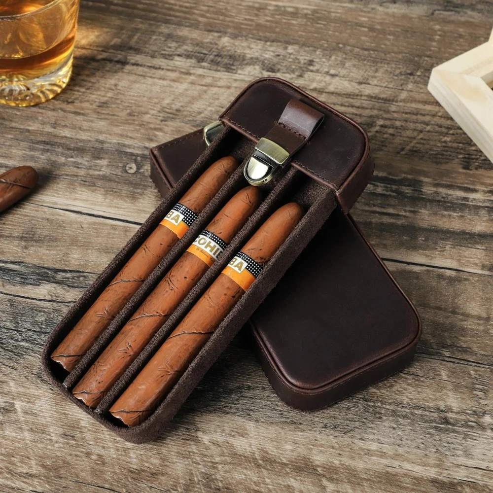 

Luxury Portable 3/6 Slots Humidor Cigar Box Travel Cowhide Leather Case Smoking Accessories Storage Compartments Brass Buckle
