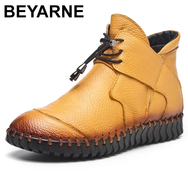 BEYARNE New Women Genuine Leather Boots Handmade Flat Booties Soft Cowhide Women\'s Shoes Lace-Up Ankle Boots Female Winter