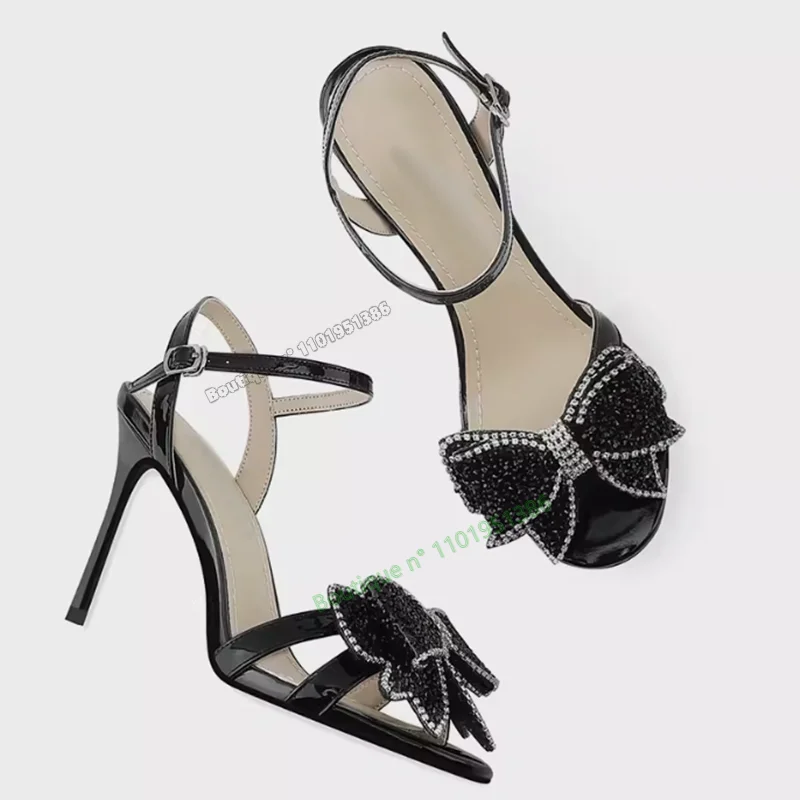 Black Crystal Bow Knot Pumps Sandals Stilettos High Heels Open Toe Shoes for Women Shoes on Heels 2023 Zapatos Para Mujere