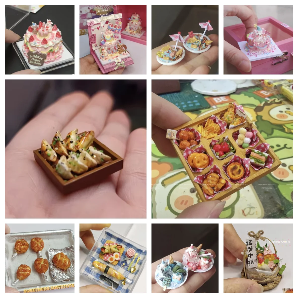 

Миниатюрный набор для пикника и бенто ручной работы, полимерная глина, торт, пончики, сэндвич-медведь, бенто, реквизит для фотосъемки в масштабе 1:12 для кукольного домика