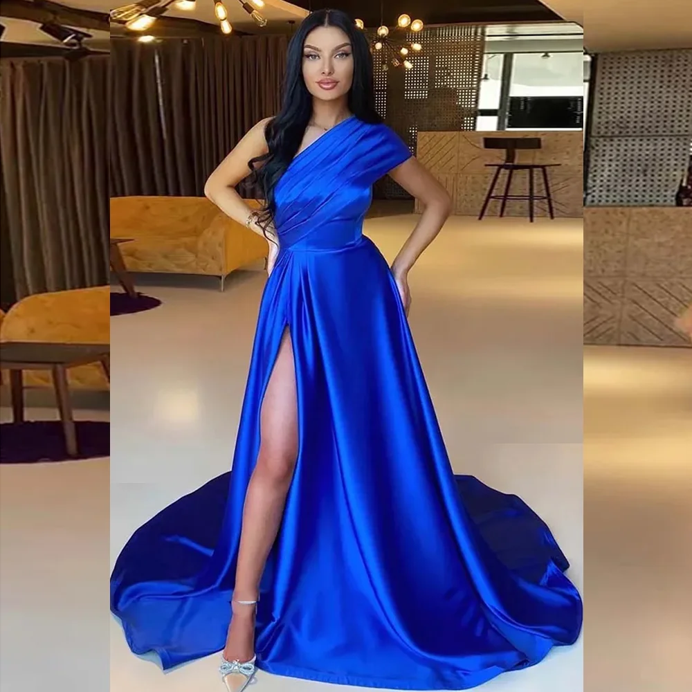 

One Shoulder Satin Pleated Solid A-line Prom Party Dress with Side Slit Court Backless Evening Prom Gown vestidos de festa