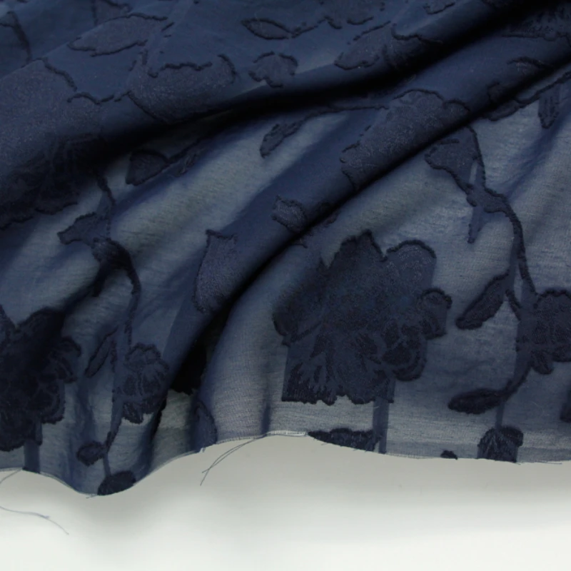 Fabric 50cmx145cm Exquisite Translucent Dark Blue Peony Jacquard Hollow Chiffon Material Breathable Thin DIY Top Shawl Hanfu 1Pc