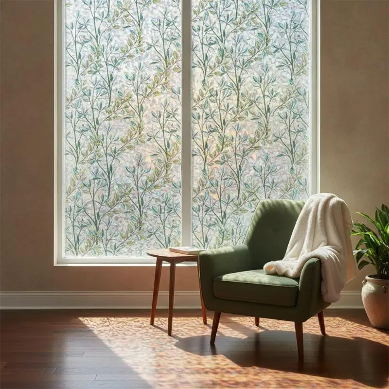 Static Cling Stained Glass Window Film Green Leaf Pattern Privacy Protection Light Transmitting For Home Kitchen Office Bathroo