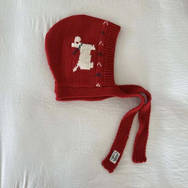 Neue, niedliche Cartoon-Hunde-Jacquard-Sturmhaube für den Winter, Outdoor-Wärme, Nackenschutz, winddicht, mit Schnürung, gestrickte Mützen – Detail 5