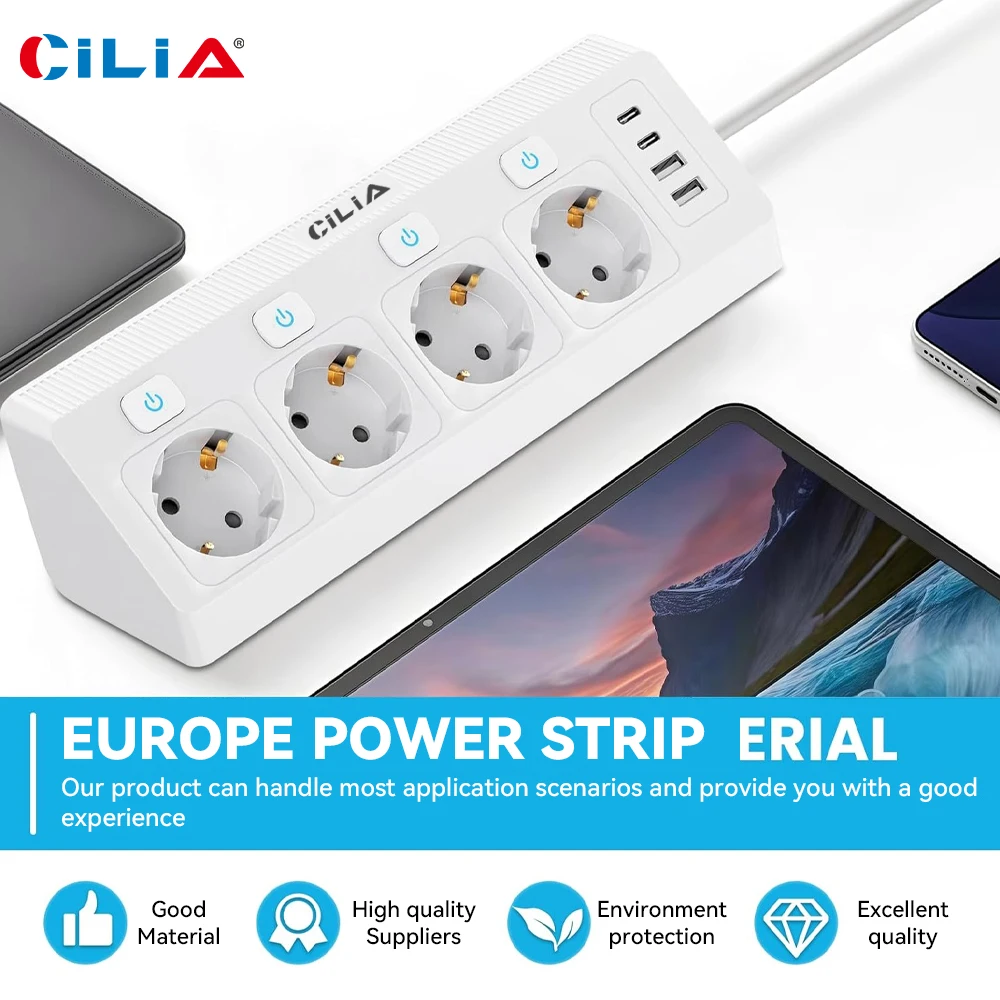 Picture 4: EU Gaming Power Strip - 4 Outlets with Switches,  USB-C/A , 1.5m Desktop Extension Cord
