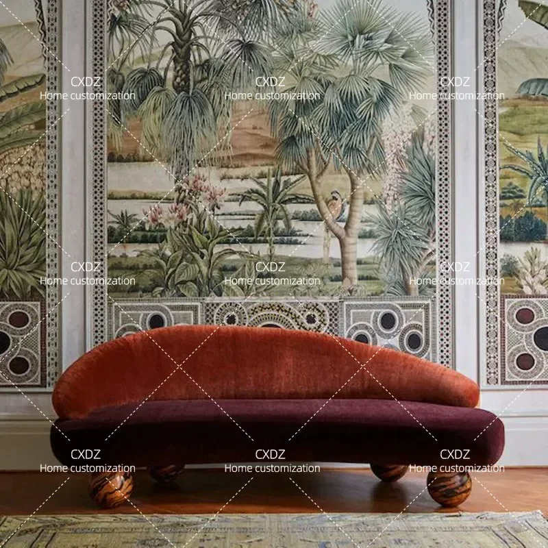 Curved Flannel Sofa Retro Style 3 Seater Couch for Living Room Small Apartment Homestay Hotel Furniture