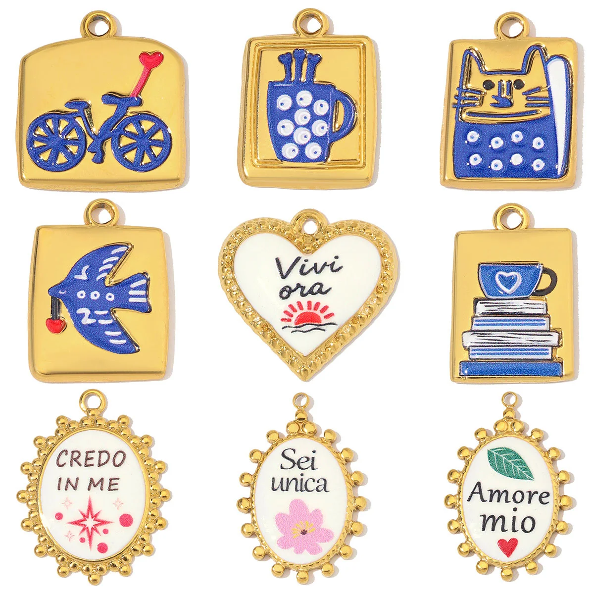 3pcs/Lot Stainless Steel Enamel Heart Oval DIY Charms Bike Coffee Cup Cat Necklace Pendants Woman Italian Words Jewelry Wholesal