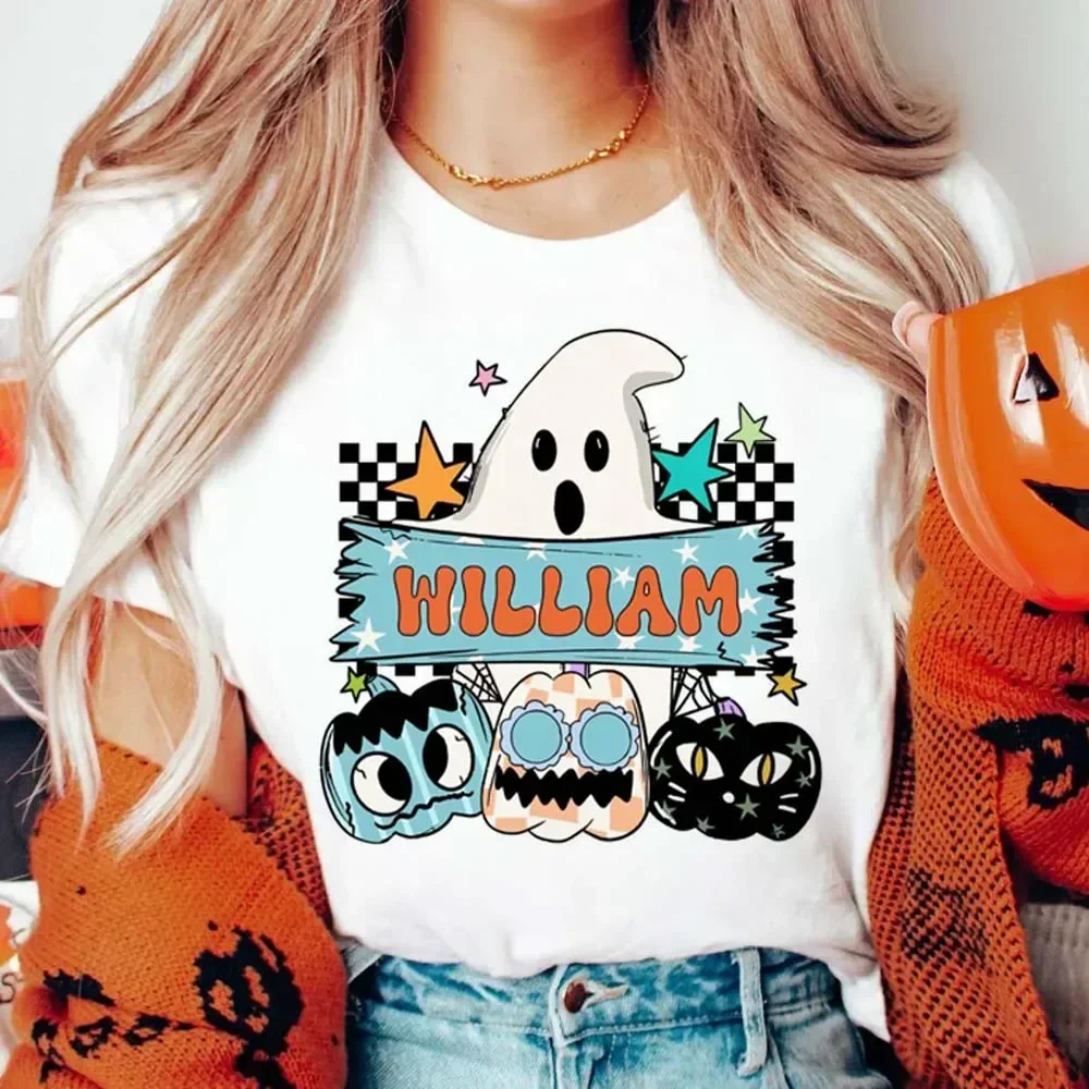 

T-Shirt Cartoon Personalized Retro Halloween Boo Pumpkin Casual Style Trendy and Cute O-Neck Retro Print Loose Summer T-Shirt.