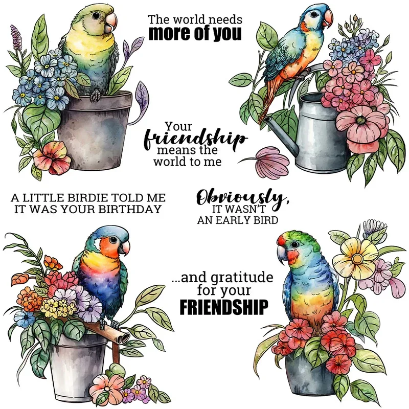 Parrot Birds Stand On Potted Flowers Clear Stamps DIY Scrapbooking Supplies Silicone Stamp For Cards Albums Decor