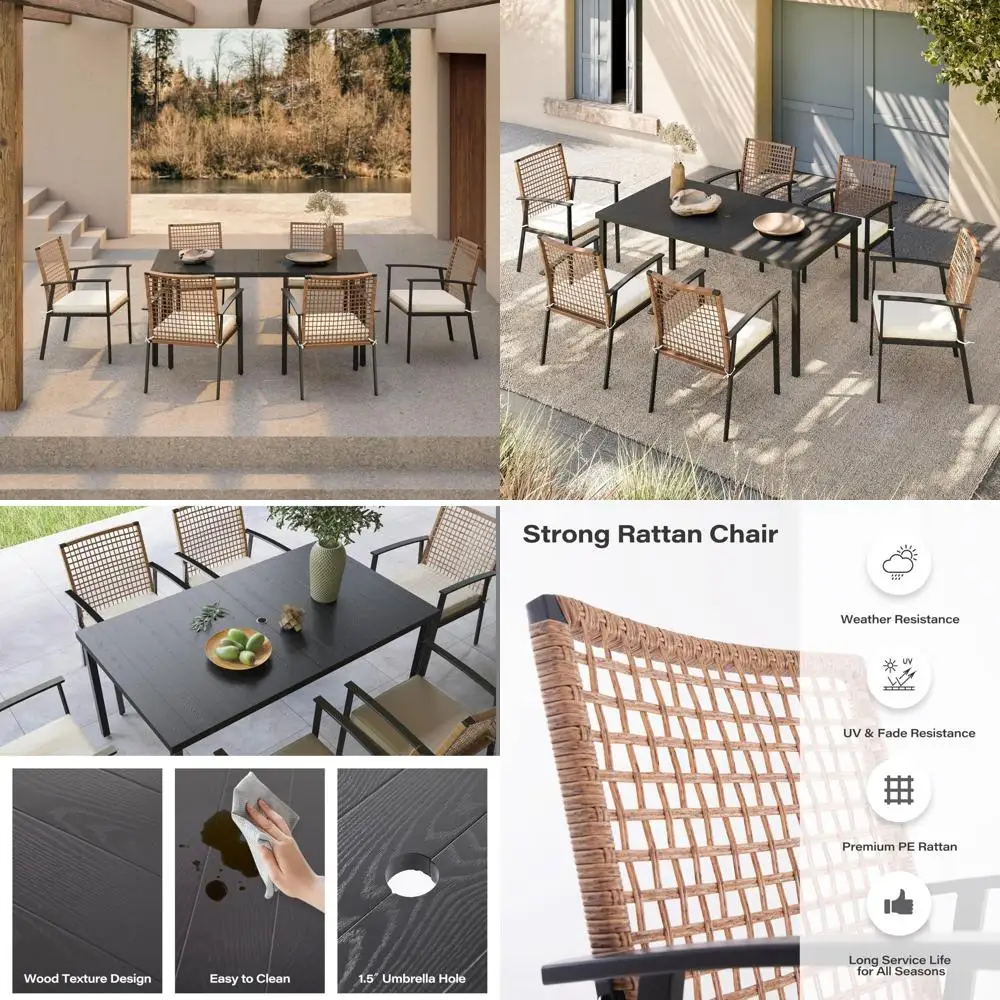 

7-Piece Outdoor Patio Dining Set with 6 Cushioned Chairs and Iron Slat Table Top