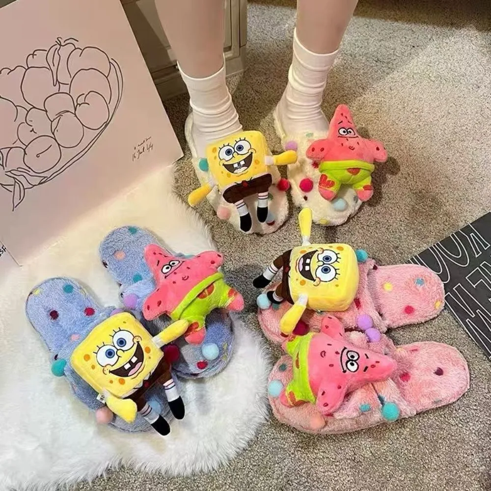 Lindos pantalones cuadrados de Bob Esponja, cómodos y cálidos en otoño e invierno, parte inferior suave, cabeza de felpa, zapatillas de algodón, regalos antideslizantes