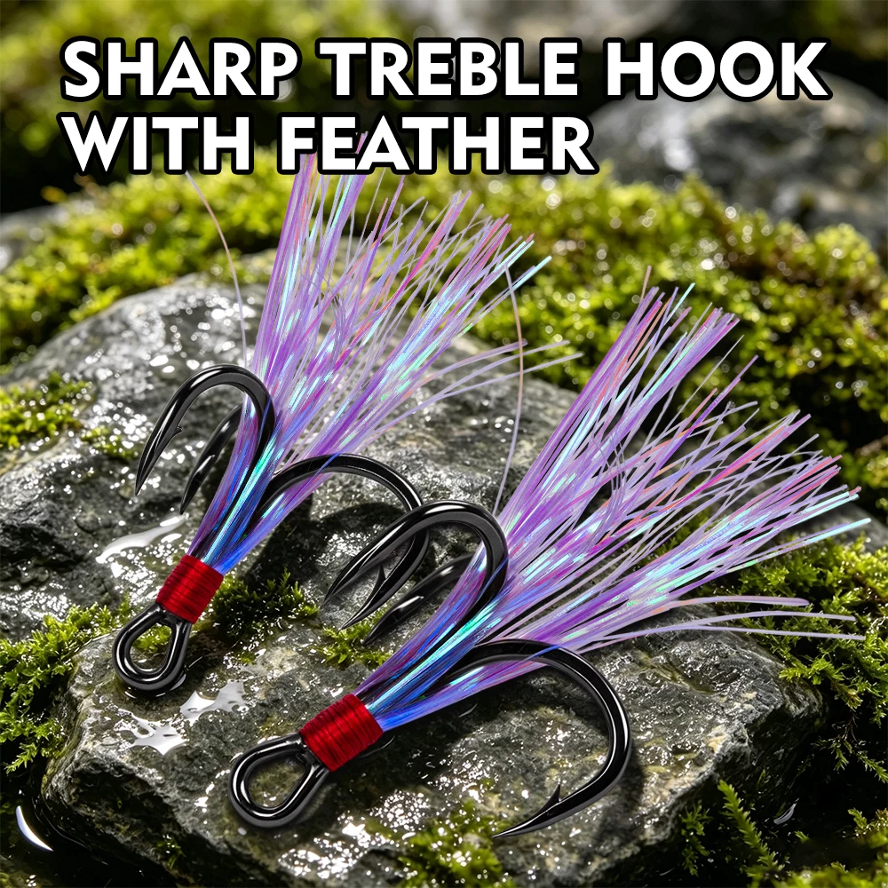 PROBEROS 10 Stück/Box Flash Tinsel Dreifachhaken aus Hochkohlenstoffstahl, Hartköder, Widerhaken-Dreifachhaken für Bass, Salzwasser-Angelzubehör – Detail 1