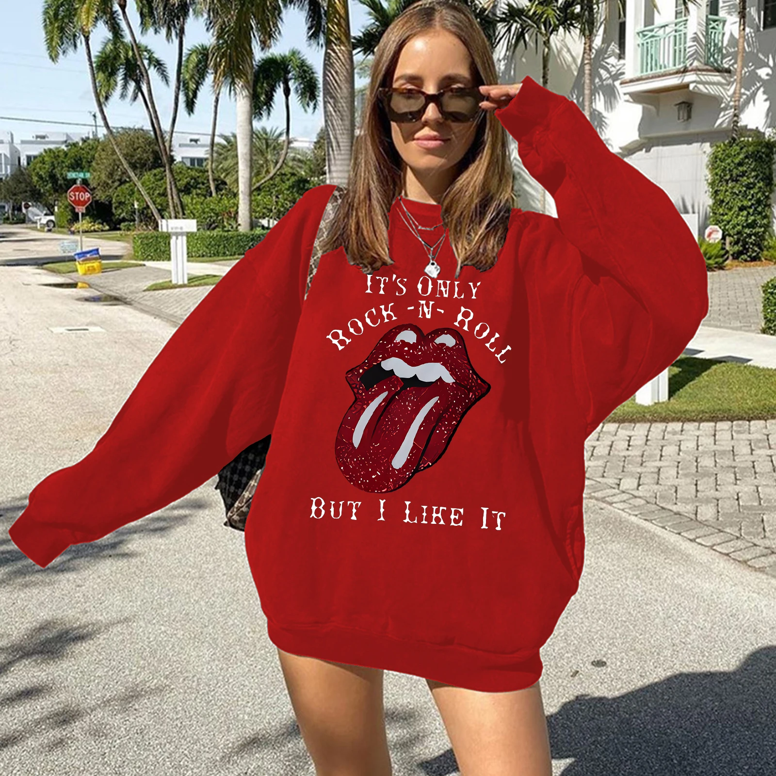 IT'S ONLY ROCK -N-ROLL BUT I LIKE IT Print Women Sweatshirt Drop Shoulder Long Sleeve Casual Round Neck Tops Women Clothes