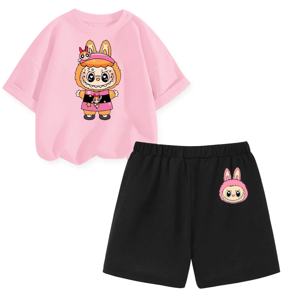 

Labubu for Children Girls Shorts+Short Sleeve Tshirt 2-Piece Outfits Boys Casual Cartoon Clothes Kids Birthday Gifts