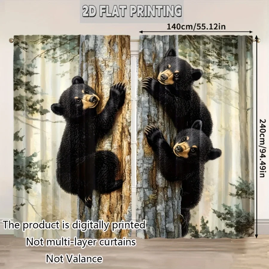 2PCS Digital Printed Curtains, Black Bear Hugging Tree Cute Cartoon, Modern Home Decor Style for Living Room Bedroom Decor