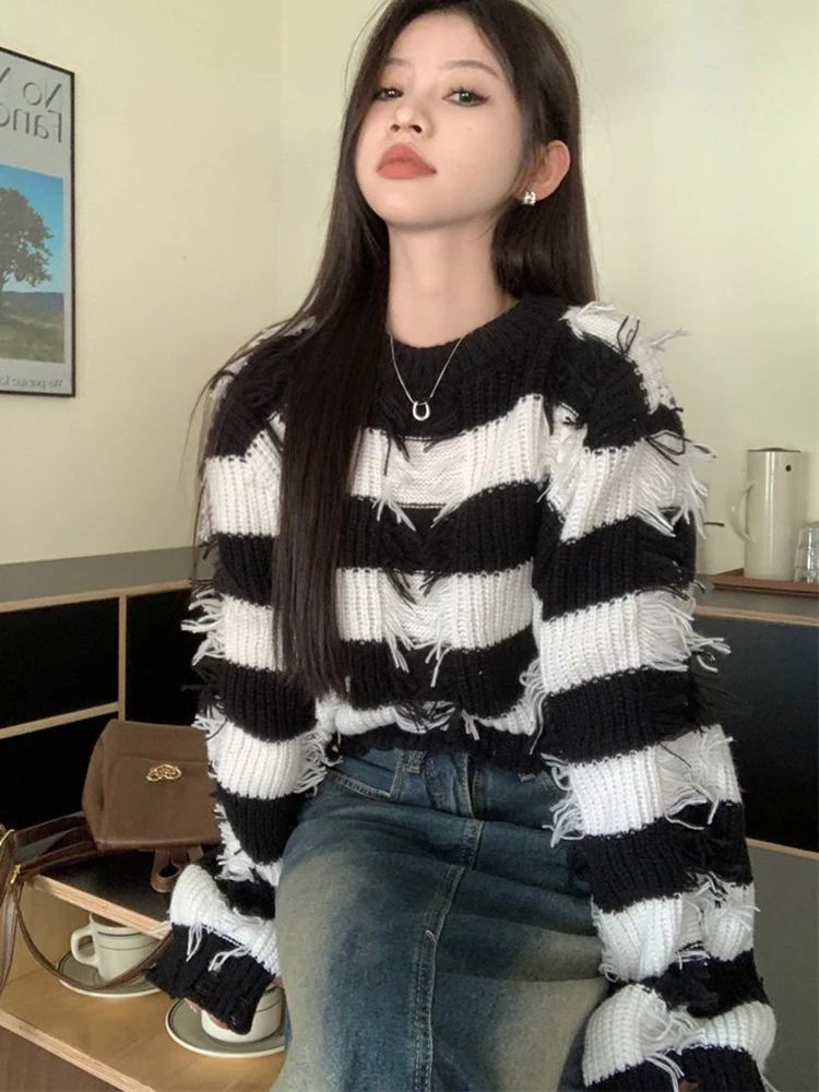 

Hole Vintage Tassel Sweaters Women Streetwear Striped Cropped Knitted Jumpers Casual O Neck American Harajuku Pullovers