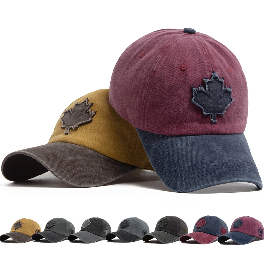 Men Women's Vintage Baseball Cap Fashion Color Blocked Brim Maple Leaves Patch Hat Washed Cotton Soft Top Casual Sun Visor Caps