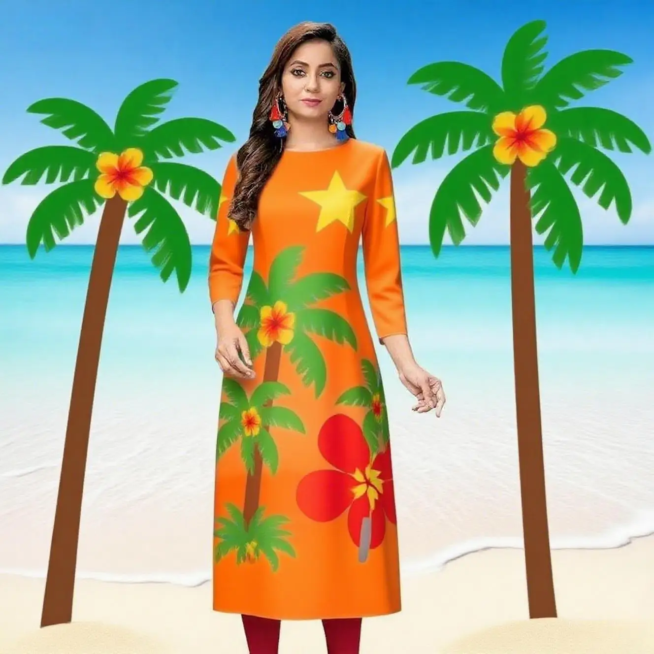 Kurt women's fashionable and comfortable dress with long sleeves, straight tube,  and a variety of vacation styles