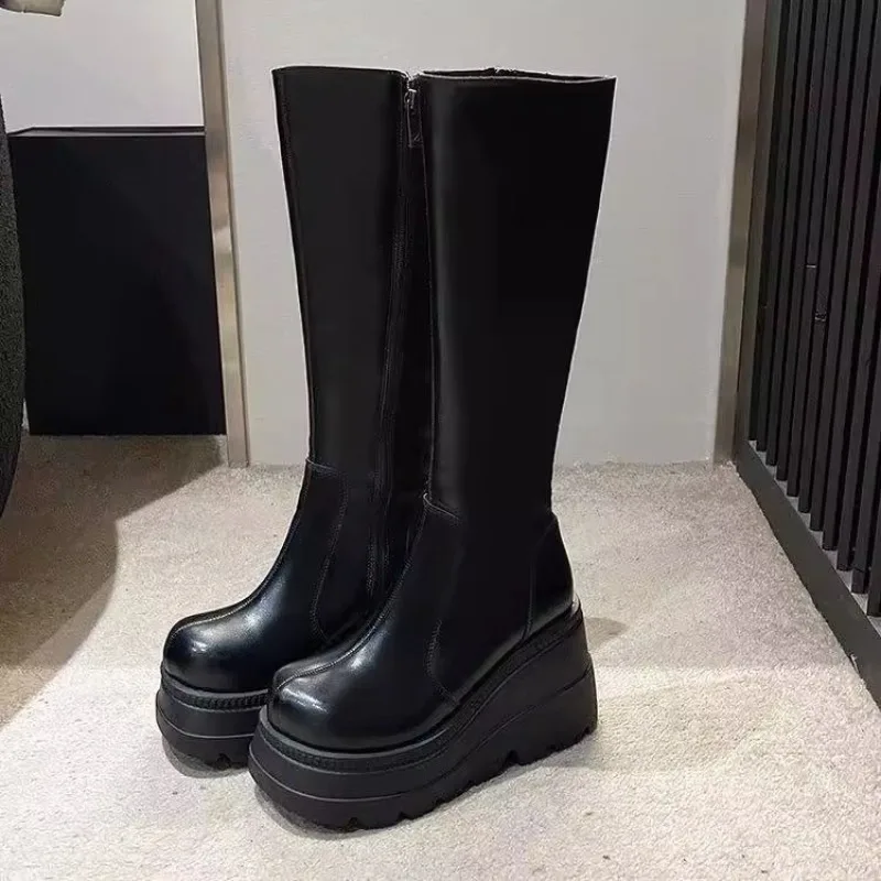 2026 Spring Ladies Slope Heel Boots High Top Antislip Shoe New Fashion Thick Bottom Boot Gothic Style Comfort Casual Women Shoes