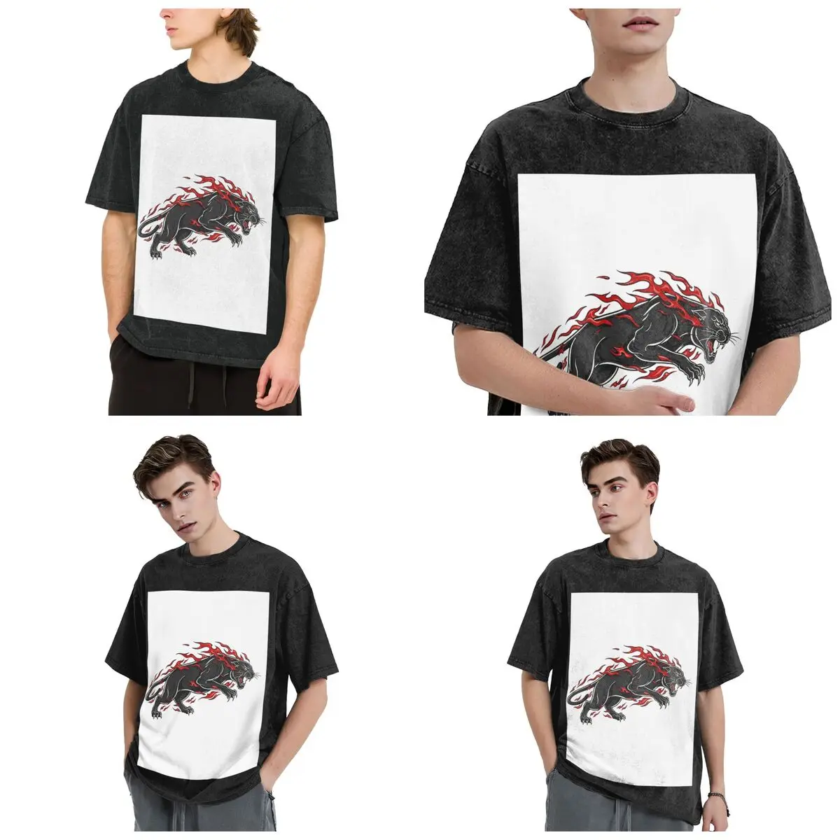 Fiery Panther Flaming Beast Hip Hop Short Sleeve T-Shirts Washed Tops Tees Streetwear T Shirt Printed for Men Women