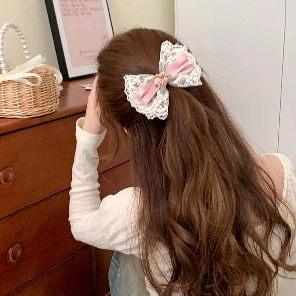 

Lace Rose Flower Lace Bow Hair Clip Hair Ornament Bow Ribbon Korean Style Hair Clip Pink Headdress Bowknot Hairpins Female