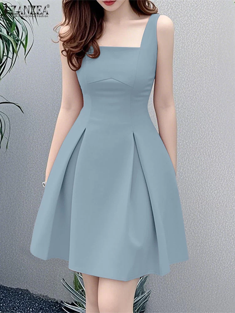 2025 Women Square Neck Sleeveless Party Dress ZANZEA Summer Sundress Elegant Solid A Line Mini Dresses Stylish Holiday Vestidos