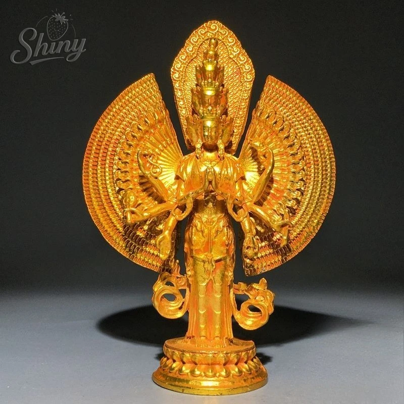 Cobre sólido dourado mil braços guanyin bodhisattva estátua de adoração budista tibetano ornamento decorativo